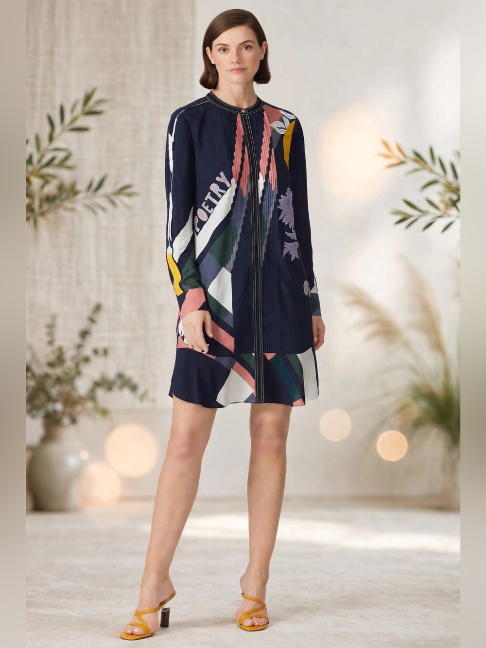 Tory Burch Floral Printed Cora Dress Navy Geometric Print Long-sleeve Sz 8